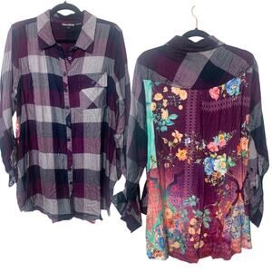 Tolani Mix Media Plaid Floral Tunic Top Botton Front Shirt  w pockets sz LG‎